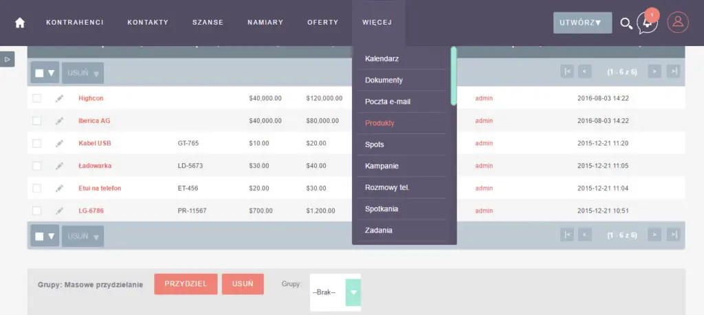 widok listy produktów w SuiteCRM