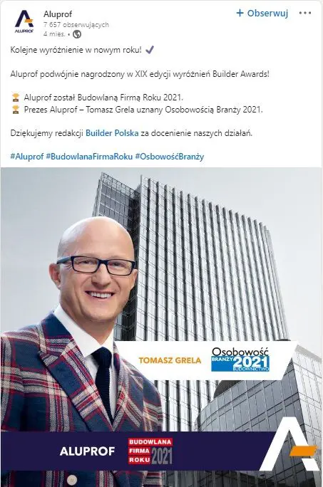 Linkedin post - Aluprof - Budowlana Firma Roku 2021 / Prezes Aluprof – Tomasz Grela uznany Osobowością Branży 2021